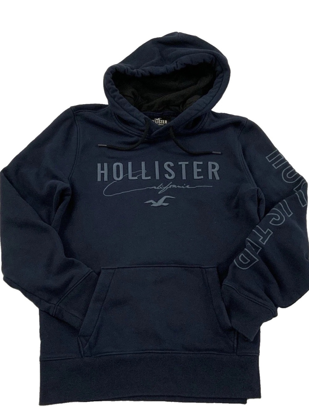 Hollister Mens S Hoodie Seagull Logo Embroidered Spellout Navy Blue Fleece Lined